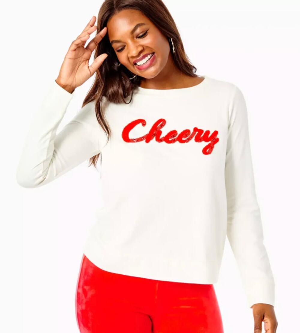 Lilly Pulitzer Rami Sweatshirt Top L NWOT Cheery Red White Jewel Beaded